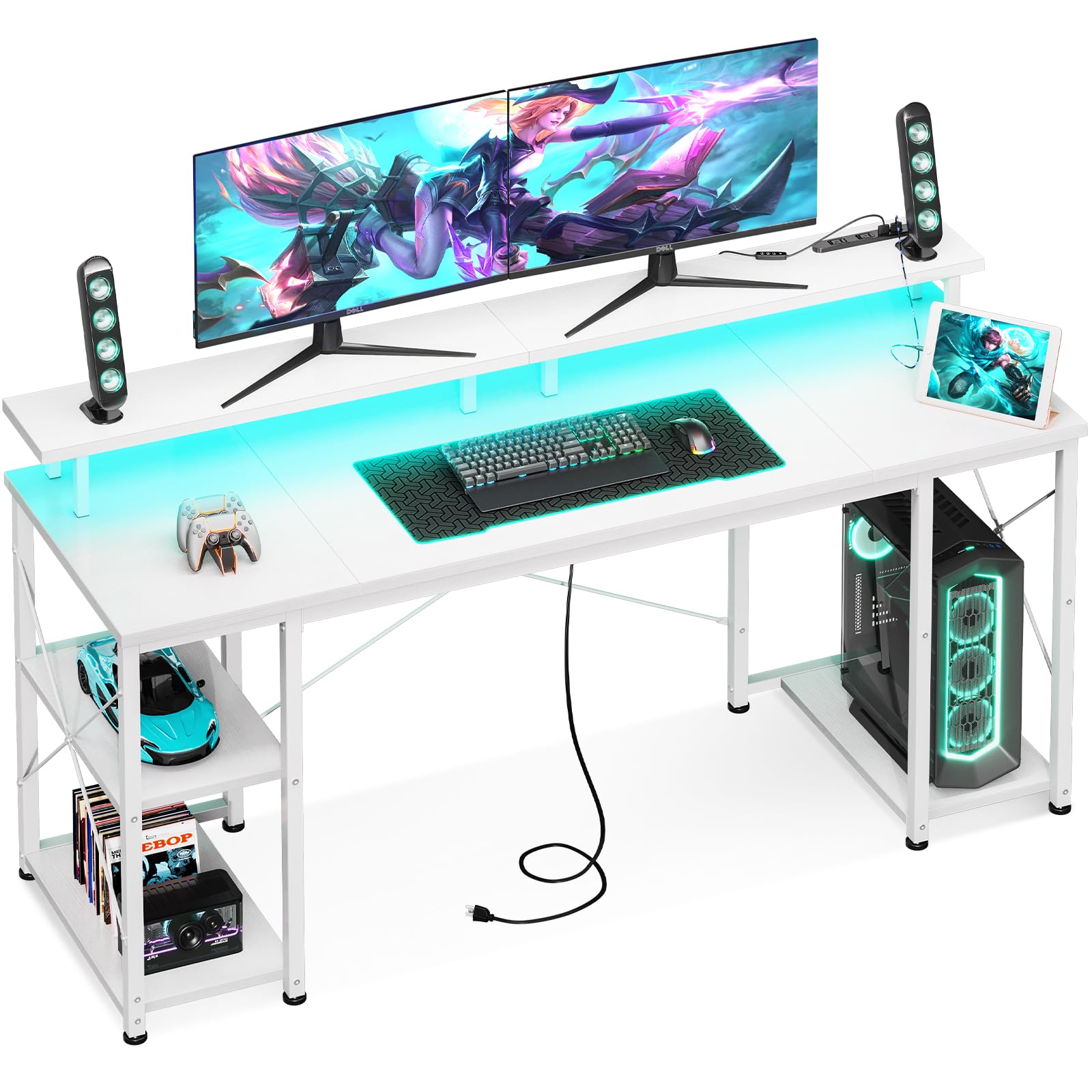 AODK ゲーミングデスク パソコンデスク コンセント&LED付き 机 pcデスク 幅160cm 両側ラック&モニター台付き 勉強机 ゲームデスク computer desk ワークデスク オフィスデスク 長机 左右入れ替え対応 ホワイト