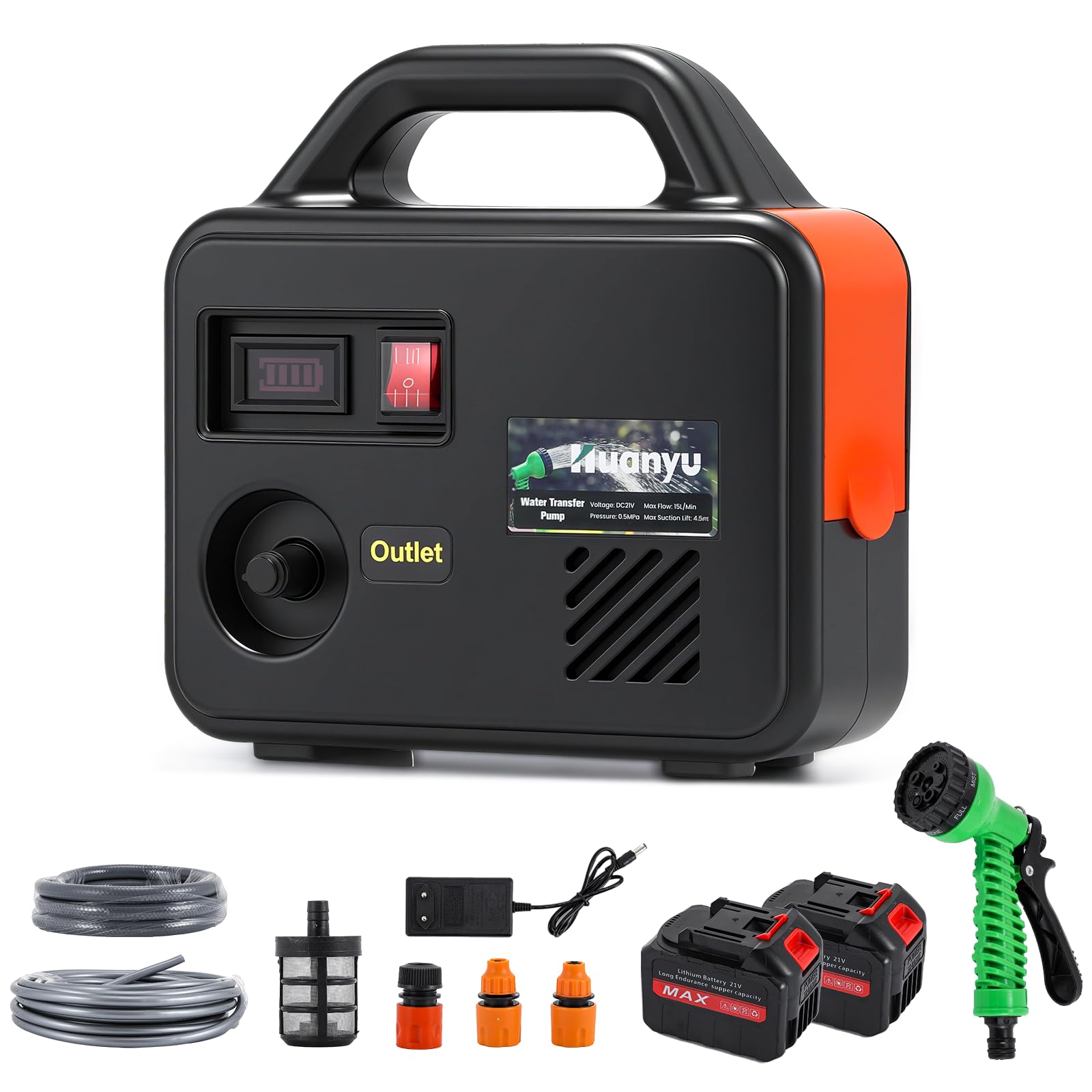 Huanyu 自吸式ウォーターポンプ 充電式 水中ポンプ コードレス 15L/MIN バッテリー1500mAh*2 最大揚程15M/吸程4.5M スプレーガン7段調整 100W 水耕栽培/洗車/庭園灌漑用 3M進水管+10M出水管