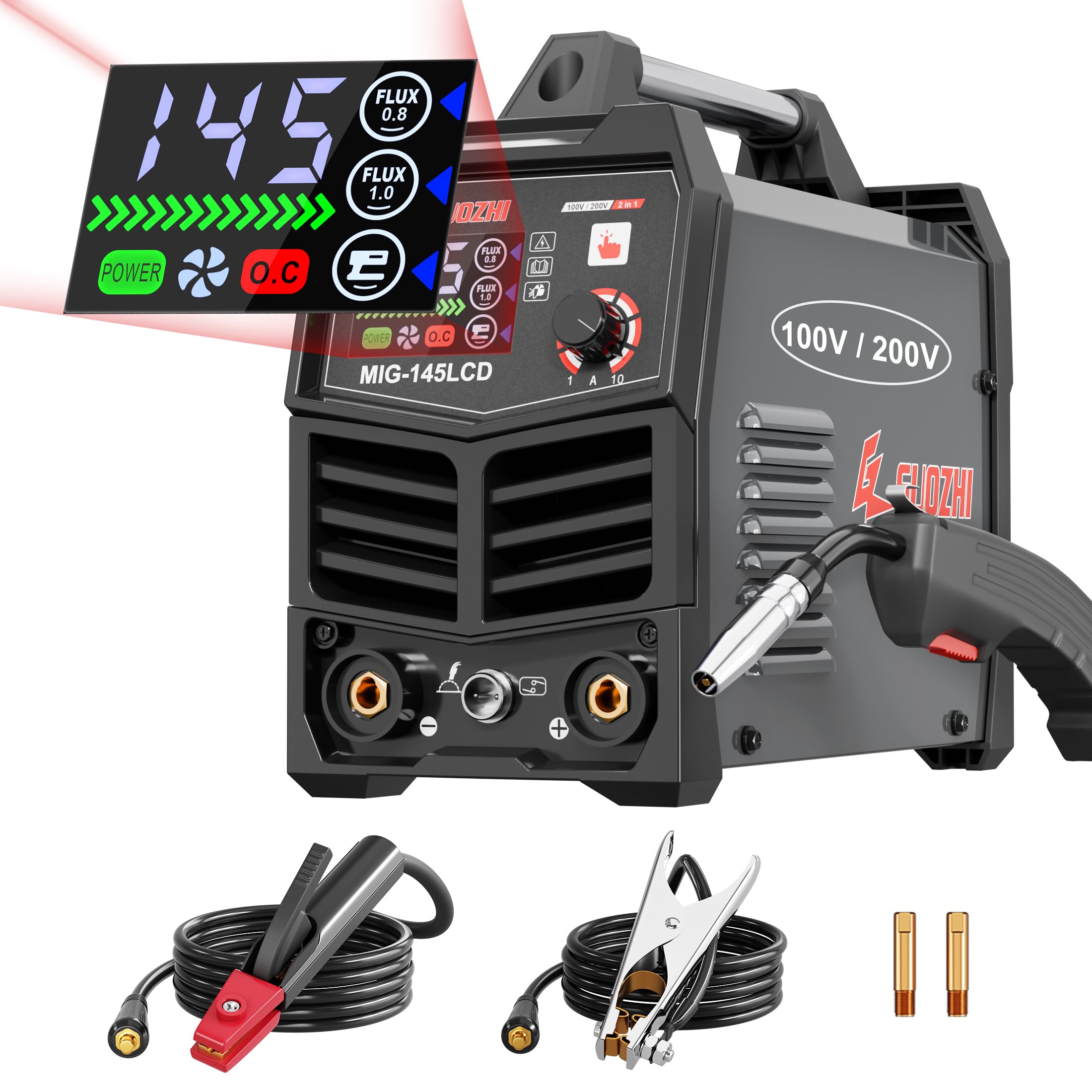 GZ GUOZHI 溶接機 100v 200V 兼用 半自動 145A アーク溶接 ノンガスワイヤー溶接 1台2役 インバーター直流 半自動溶接機 定格使用率60% 小型 軽量 家庭用 初心者向け 電気溶接機 MIG-145LCD