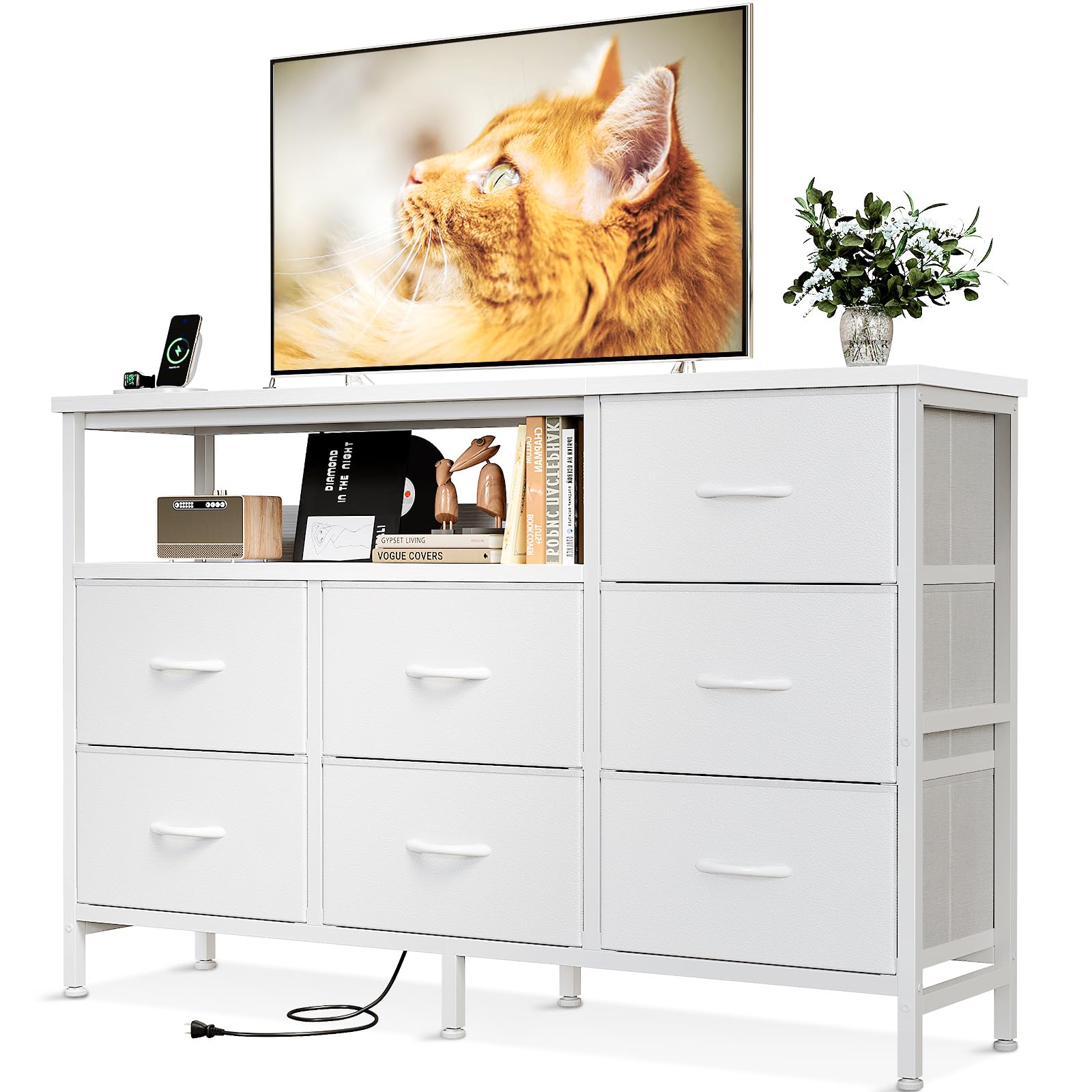 AODK タンス チェスト コンセント付き 幅132×奥行30×高さ90cm テレビ台 リビング 収納 大容量 洋服タンス 収納ケース 衣装ケース 布製引き出し 箪笥 おしゃれ 転倒防止 安定感 3段7杯 ホワイト