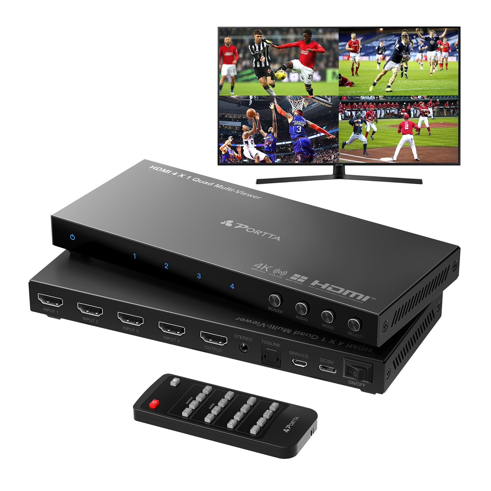 PORTTA 4K HDMI マルチビューワースイッチ 4x1 PIP付き PORTTA クワッド マルチビューア シームレススイッチャー 4イン1出力 Toslink付き 3.5mmオーディオ出力 4K 30Hz対応 6つの表示モード ダウンスケーラー