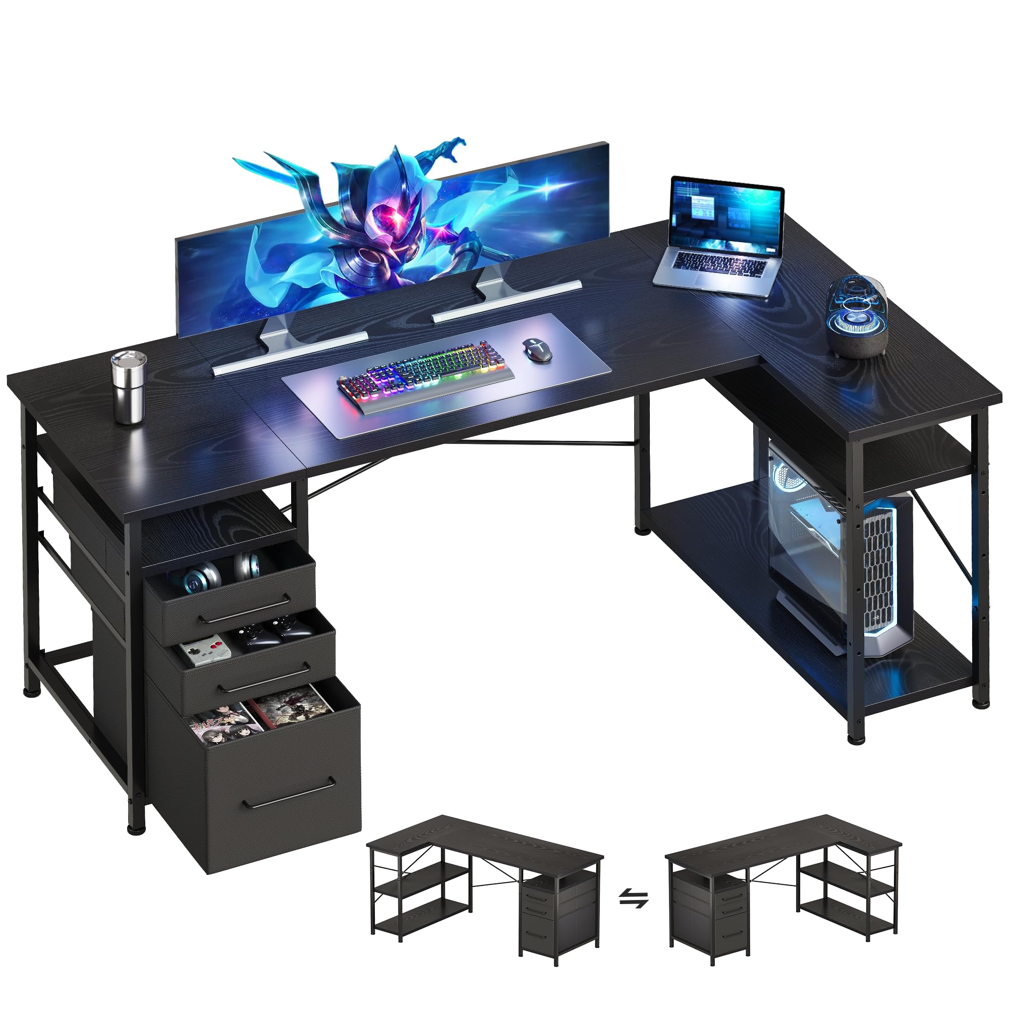 Maihail ゲーミングデスク マイコン事務机 l字事務机 机 修める机 学び取る机 右棚左棚 幅140糎 pc事務机 端っこ事務机 書物棚付き添い人 抽き出し付き添い人 幅140糎 黒いこと