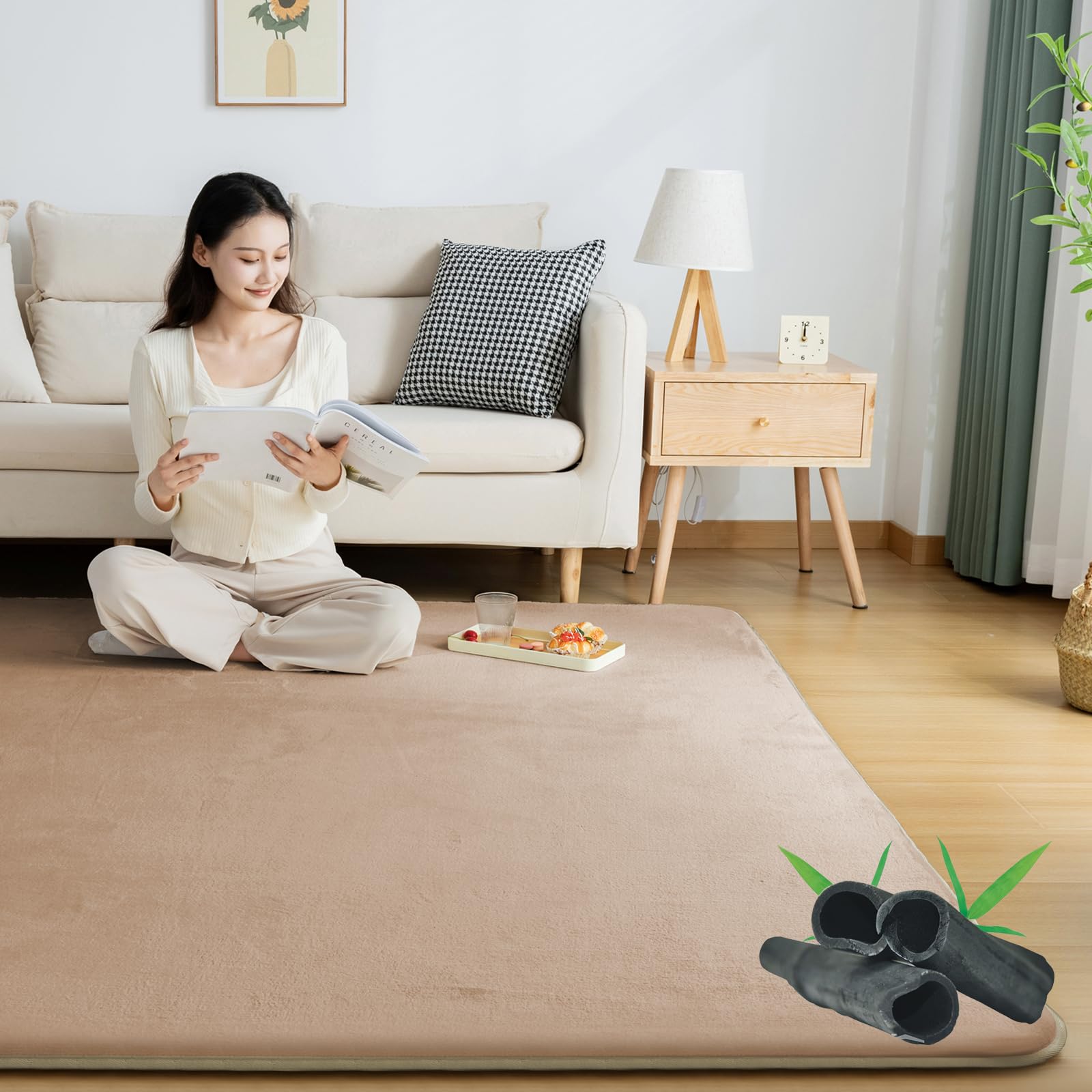 Softime カーペット ラグ 極厚25mm ラグマット防音 厚手 竹炭消臭 200×300cm 約4.5畳 絨毯 滑り止め付 防ダニ 抗菌 防臭 地毯 高反発 オールシーズン快適 床暖房 ホットカーペット対応 こたつ敷きマット じゅうたん 低反発と同じ