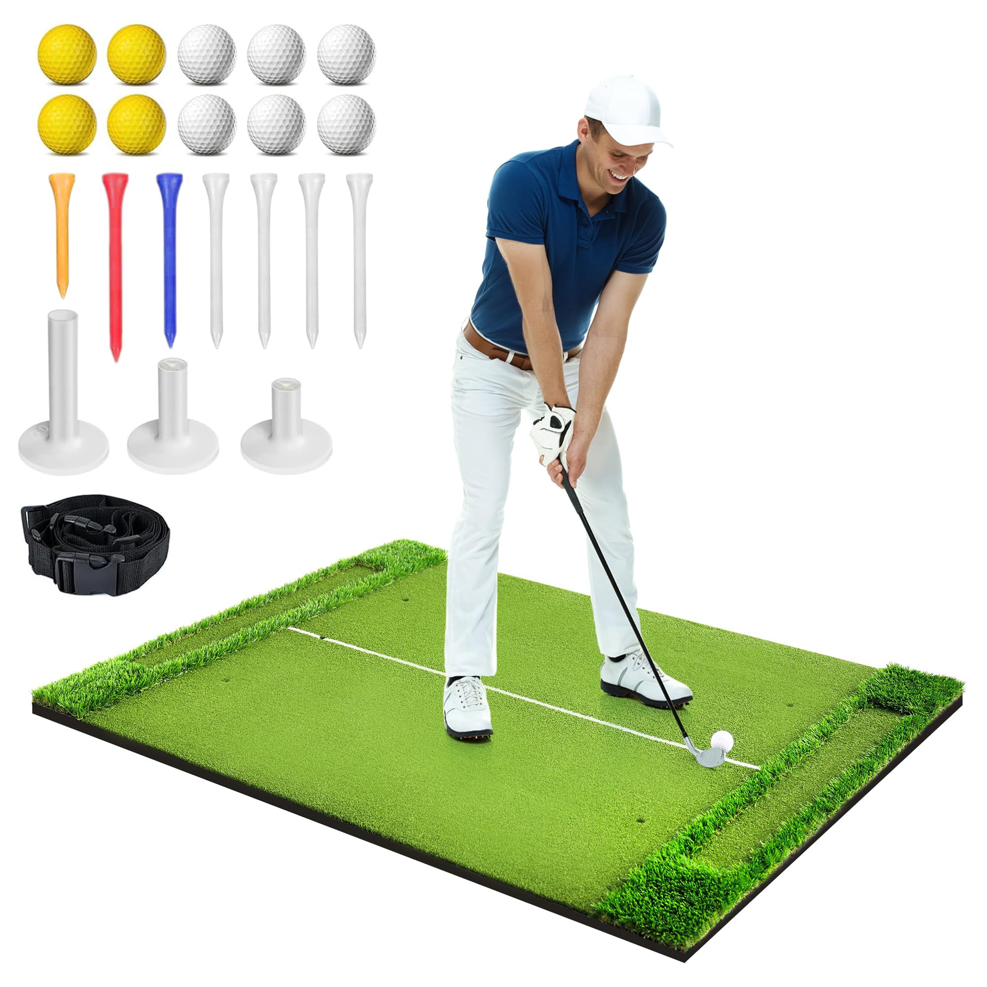 KOOPRO ゴルフマット 練習用 大型 2WAY芝 150×120cm ゴルフショット用マット 自宅 室内 屋外 素振り ドライバー スイング 練習用 人工芝マット ゴルフティー7個 ゴムティー3個 ボール10個 収納ベルト付き