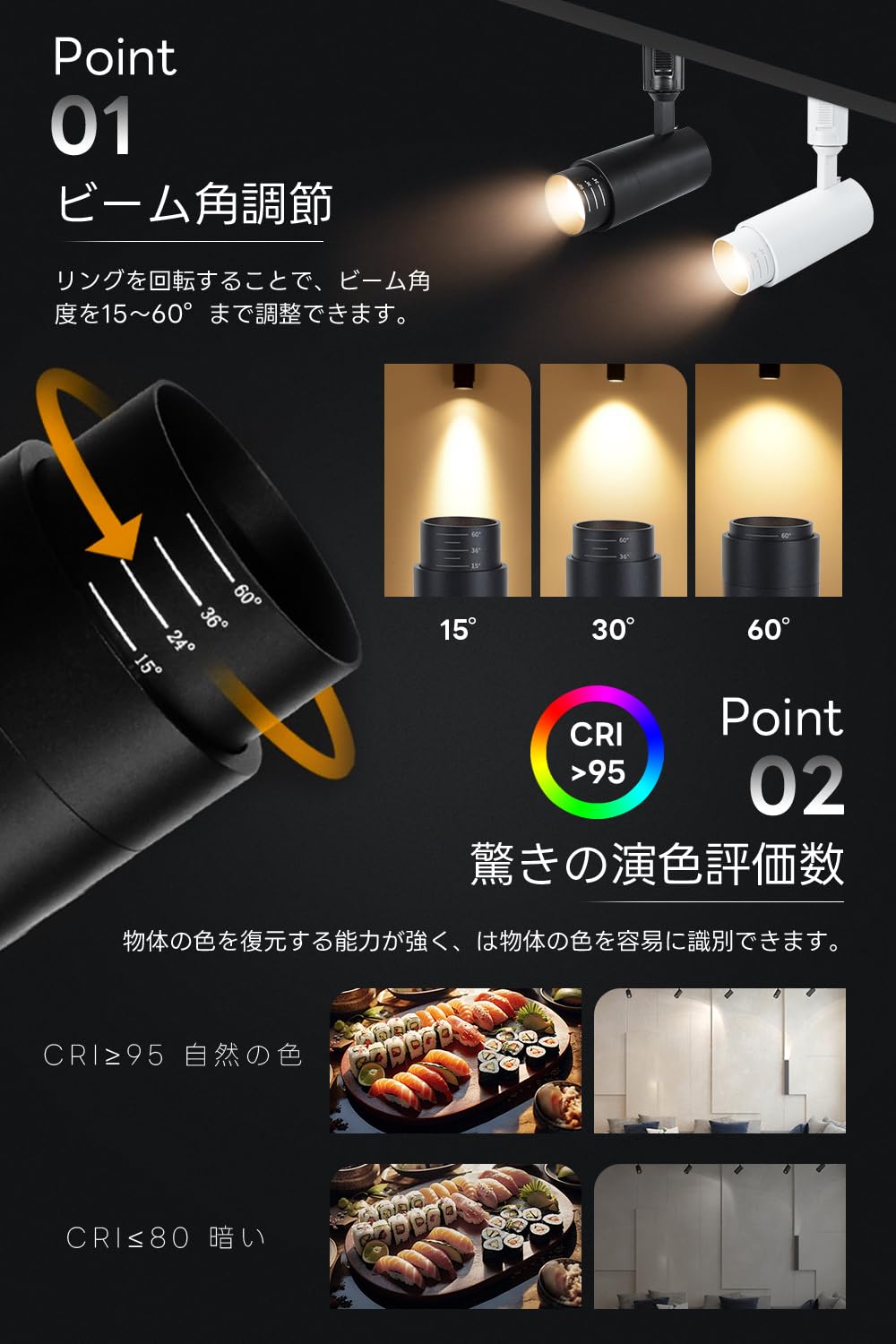 SPAHER ダクトレール用スポットライト LED 照明 ビーム角調節タイプ ライティングレール 100W相当 角度調節可能 植物育成ライト LED一体型 取付け簡単 電球不要 照明器具 明るい おしゃれ 玄関 リビング キッチン インテリア 10W ブラ