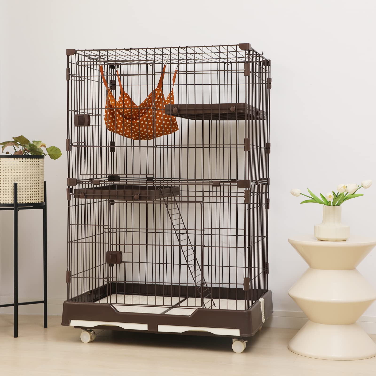 PETTOM 猫 ケージ キャットケージ 幅82cm 2/3段 ペット 猫 キャットゲージ キャット タワー 収納 キャスター 付 脱走防止扉 頑丈 檻 ねこ ネコケージ コンパクト ハンモック 多頭飼い
