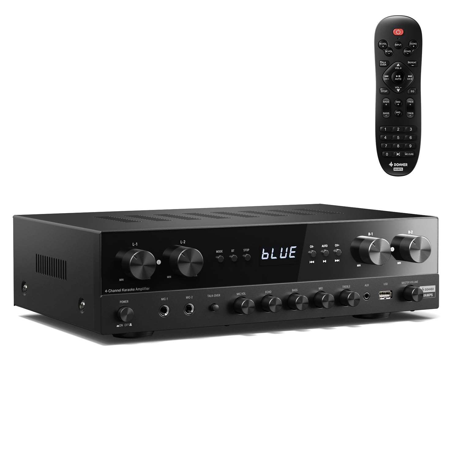 Donner パワーアンプ、オーディオアンプ Bluetooth 5.0、USB、FM、2マイクイン、エコー、RCA、家庭用ファイバー/同軸入力付きプレミアム1000W最大出力4チャンネルアンプ、カラオケ、シアタースピーカー