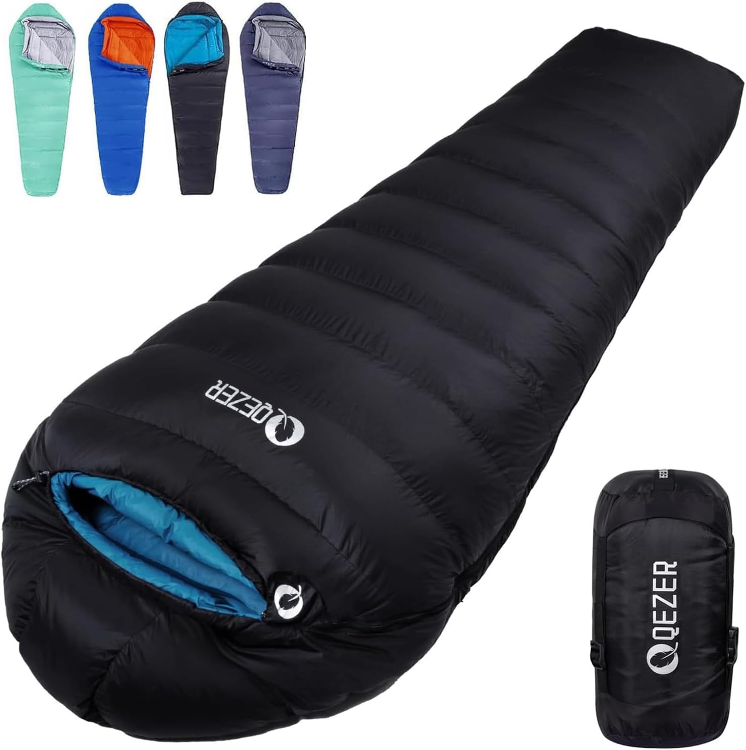 QEZER 寝袋 ダウン 春夏秋冬用 オールシーズン マミー型 600FPダウン 快適使用温度7℃・-24℃ シュラフ 軽量 コンパクト 収納ケース付き 連結可能 キャンプ 登山 防災 車中泊 アウトドア緊急用｜道具セレクション