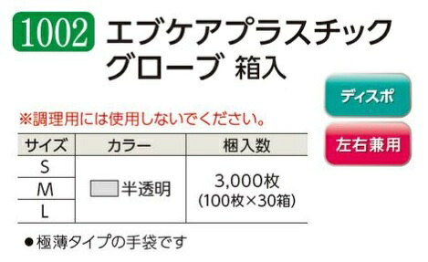 【ポイント5倍】【ケース販売】 エブノ エブケアプラスチックグローブ 箱入 No.1002 M 3000枚(100枚×30箱) 《PVC手袋》|道具屋さん店