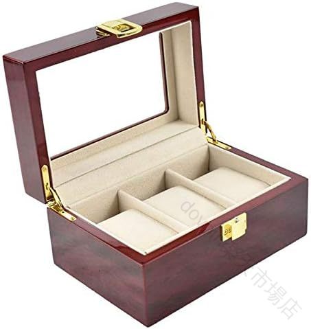 腕時計 収納 ケース 3 本 用 ウォッチ コレクション ケース 時計 展示 ボックス 木製 レッド ガラス 蓋 耐衝撃 おしゃれ クリスマス プレゼント