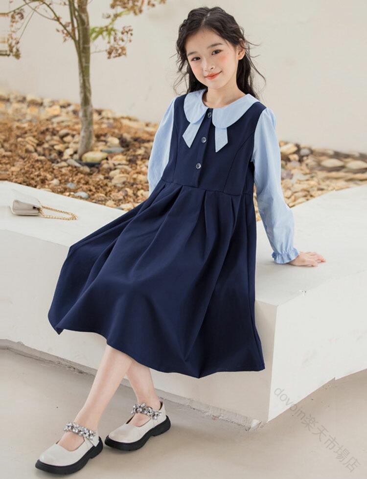 小学校 女子 卒業式 スーツ ワンピース 韓国 制服 ピアノ 発表会 ワンピーススーツ 中学生 膝丈 長袖 紺色 重ね着風 フォーマルスーツ 子供 ジュニア キッズ 発表会 七五三 撮影 子供スーツ 結婚式 スクール 卒園式 110-170cm 卒服