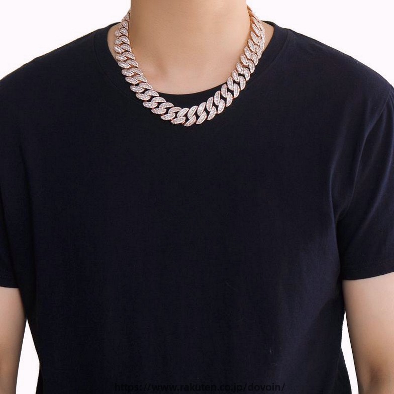 ネックレス 男性用 ヒップホップ ストリートファッション B系 マイアミキューバンチェーン 20mm幅 ローズゴールド キュービックジルコニア バゲットカット 高級感 存在感 ゴージャス|dovoin店