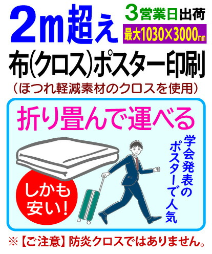 【2m超え（最大1030&times;3000mmまで）】布 クロス ポスター 印刷3営業日目出荷（標準・安い）／化粧断裁を含む学会 同人 畳める 変形サイズ対応｜ディプリーズ店