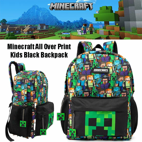 【お取り寄せ】 ★最短１４日でお届け★マインクラフト オーバプリントブラックバックパック スクールリュックサック(ワンサイズ) 大きなメインコンパートメント フロントジッパー付きポケット 大容量 軽量バッグ ポリエステル 耐久性 ウォーターボトル用ポケット付き