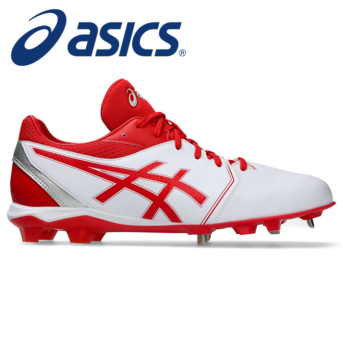 ★金具&times;ポイントのハイブリッド構造★【 アシックス asics 】【 シューズ 靴 】 野球 スパイク 金具 スパイク NEOCONNECT ネオコネクト メンズ 男女兼用 シューズ アシックス 紐 1123A054 (101) ホワイト/レッド [250314][amz]｜アスリート　ステージ