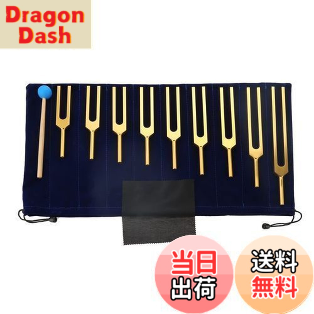 【送料無料】Dreld 音叉セット サウンドヒーリング セラピーツール リラックスするための9個チューニングフォークセット 174/285/396/417/528/639/741/852/963HZ シリコンハンマーとバッグ付き 振動 楽器 ゴールデン