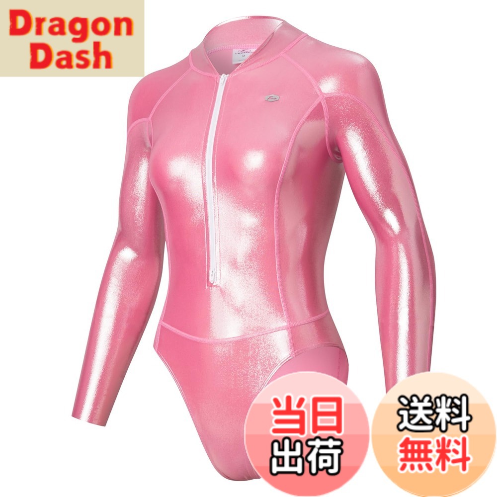【貨物輸送無料】[LEOHEX] 超光輝セクシースタイリッシュダイビングスタイルハイレグ長袖競泳水泳着(サクラ色,XL)