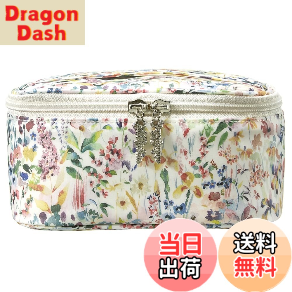 【送料無料】[シャレールヤハタ] プレミアム リバティプリント バニティポーチL ギフトボックス入り メイクポーチ 化粧ポーチ かわいい クッションポーチ 大容量 大きめ 家置き コスメ収納 花柄 ブラシポケット トラベル 旅行用 日本製 色：フェルダ ホワイト｜DragonDash店