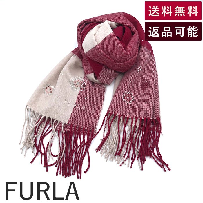 【中古】フルラ FURLA マフラー ストール ラインストーン 花デザイン 大きめチェック レッド くすみピンク 送料無料 h1226wq0288 返品可 古着 中古 ブランド古着DB