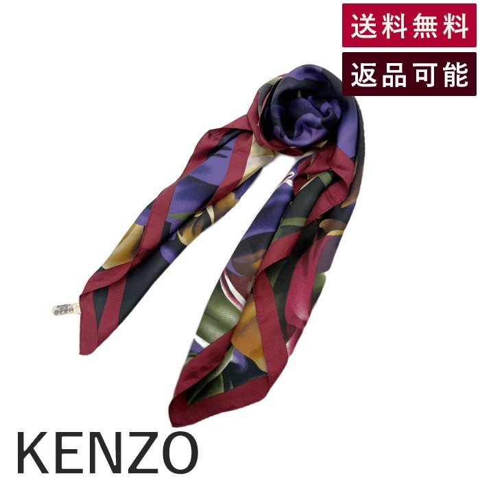 【中古】ケンゾー KENZO スカーフ 花柄 シルク ダークカラー ワインレッド ブラック 送料無料 i0619wq0385 返品可 古着 中古 ブランド古着DB