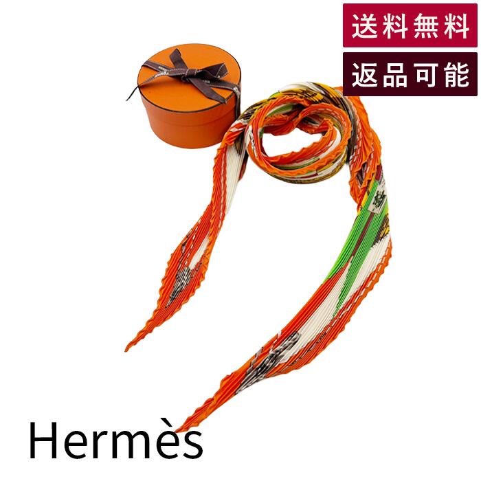【中古】エルメス HERMES プリーツスカーフ 六分儀 シルク オレンジ マルチカラー 箱付き 送料無料 j0215pq024104 返品可 古着 中古 ブランド古着DB