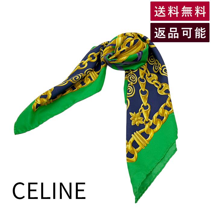 【中古】セリーヌ CELINE 地絹えり巻き チェーン店柄 緑であること 米国海軍 大判 貨物輸送無料  j0405oq00446 返品可 古着 中古 ブランド名古着DB