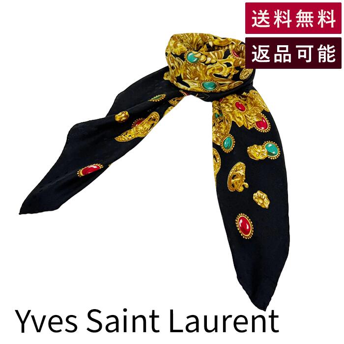 【中古】イヴサンローラン Yves Saint Laurent  地絹えり巻き 宝飾品柄 黒いこと ゴールド 大判 貨物輸送無料  j0405oq01730 返品可 古着 中古 ブランド名古着DB