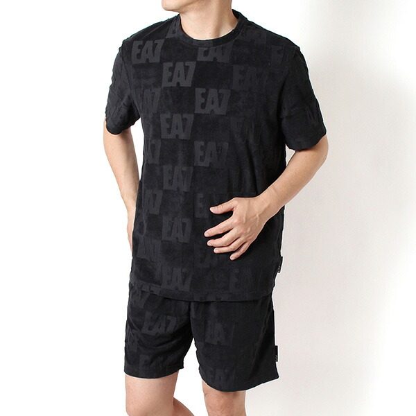 26SSモデルエンポリオアルマーニ EMPORIO ARMANI EA7 メンズ セットアップ 上下セット パイル生地 モノグラムロゴ【UC001 BLACK】7M000508+7M000506 AF21254 UC001/【2026SS】m-tops｜drawers（ドロワーズ）