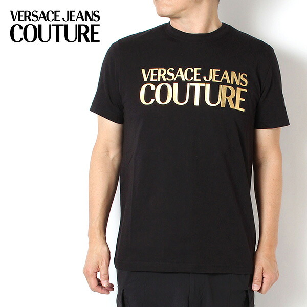ヴェルサーチ VERSACE SLIM FIT ゴールドロゴ Tシャツ【BLACK/GOLD】 78GAHT05 CJ00T G89/【2025SS】m-tops