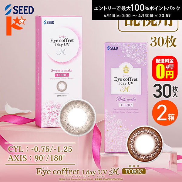 最大100%ポイントバック！4/30の23:59まで♪【送料無料】アイコフレワンデーUV M トーリック 30枚入 2箱セット 乱視用カラコン 1day