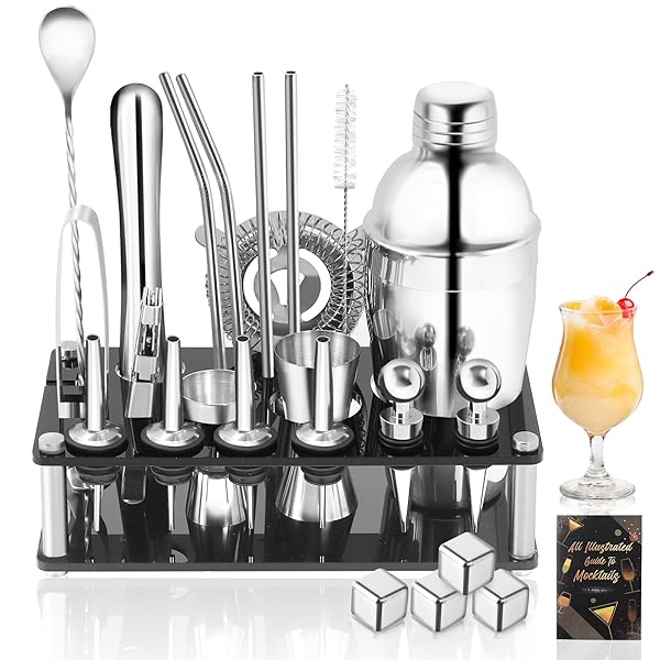 カクテルシェイカー 24点セット カクテル バーテンダー バーセット ステンレス 550ml 初心者用 業務 自宅用 (550ml, シルバー)画像