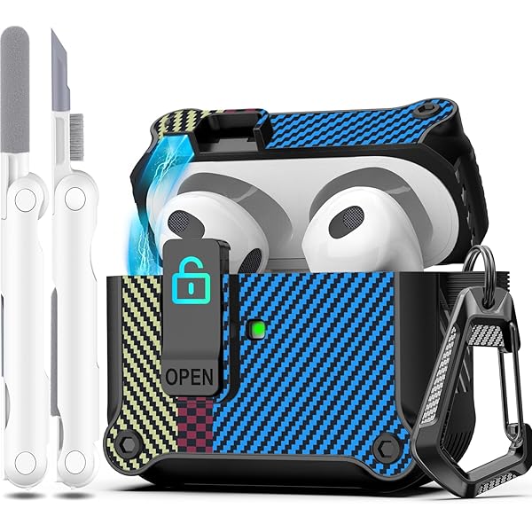 for AirPods 第三世代 2021 ケースカバー、フルドロッププロテクション オートポップアップ蓋デザイン Apple Airpod 3 Gen ケース用 クリーナーキットとキーチェーン付き、カーボンファイバーブルー画像