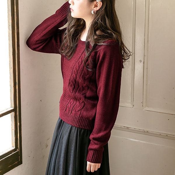 楽天市場 残り1 現品限り ニットトップス クルーネック Vネック ケーブル 秋 冬 縦ライン ケーブル編み 可愛い アイボリー プラム ピンク モカ ボルドー グレー 白 赤 無地 M L レディース 夢展望 夢展望 Yumetenbo