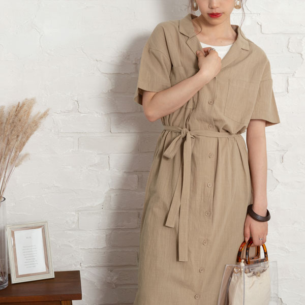 楽天市場 残り1 現品限り メール便対応 ワンピース 開襟 シャツワンピース 夏 ウエストリボン サイドスリット フロントボタン ロング コットン 可愛い ベージュ ブラウン ブラック 黒 無地 M L レディース 夢展望 30i Sc 夢展望 Yumetenbo