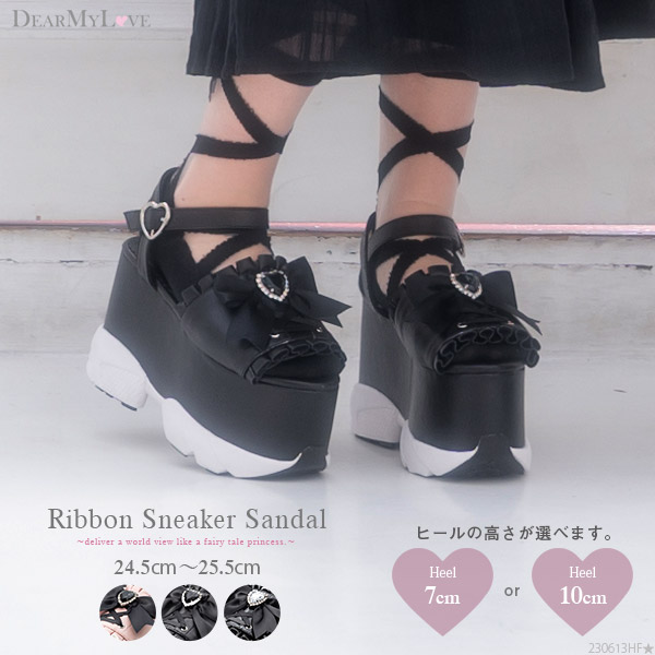 楽天市場 サンダル レディース 靴 スニーカーサンダル 厚底 選べるヒール 7cmヒール 10cmヒール スポーティー かわいい レース リボン ビジュー ハート 大きいサイズ 22 5cm 25 5cm 黒 ピンク ホワイト エナメル スムース 夢展望 夢展望 Yumetenbo