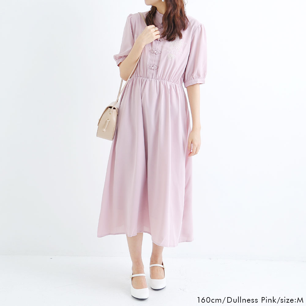 楽天市場 ワンピース 刺繍入り チャイナボタン 半袖ワンピース フリル 大人かわいい 大人コーデ 大きいサイズ 選べるサイズ M L Ll 選べるカラー アイボリー くすみピンク くすみブルー ブラック アイスグレー 夢展望 Newly Me シンプ 夢展望 Yumetenbo