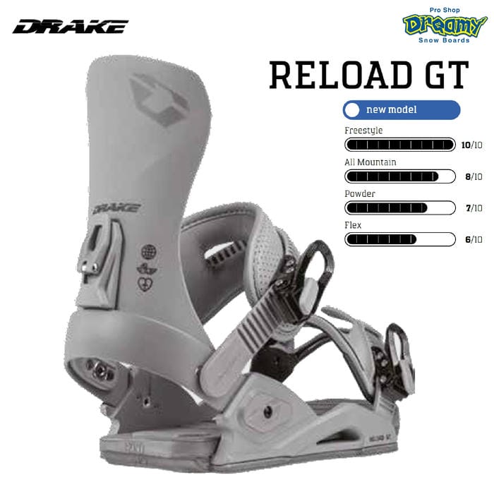 26-27 DRAKE RELOAD GT grey/black バインディング プレミアムMFCストラップII ソフトフレックス フリースタイル オールマウンテンスノーボード ドレイク 正規品｜DREAMY