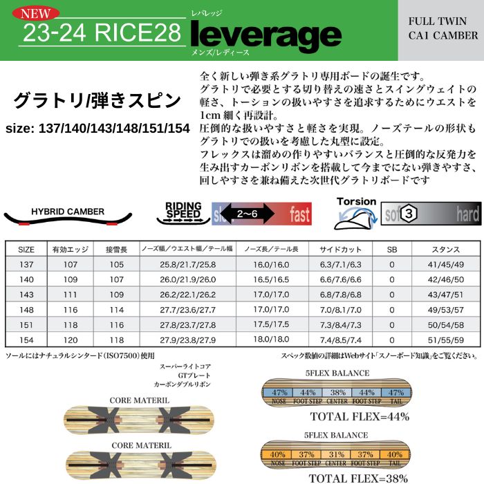 23-24RICE28ライスleverageレバレッジハイブリッドキャンバー137/140/143/148/151/154メンズレディーススノーボード2024モデル正規品