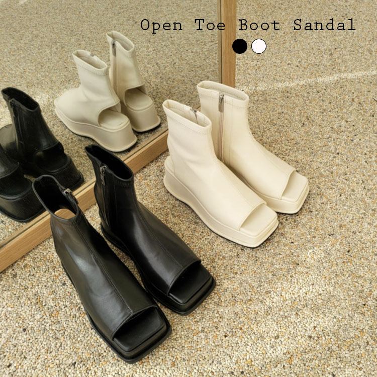 サンダル ブーツサンダル レディース オープントゥ スクエアトゥ 厚底 プラットフォーム アンクル 黒 ブラック Fb306 韓国 ファッション スクエア オープン プラットフォームサンダル アンクル丈 個性派 定番 かわいい おしゃれ シンプル 使いやすい 歩きやすい 韓国