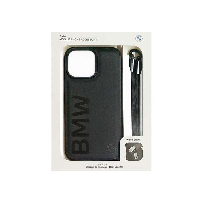 BMW iPhone16 Pro Max用 本革 ストラップ付き 背面ケース エアージェイ BMHCP16X23RMRLK
