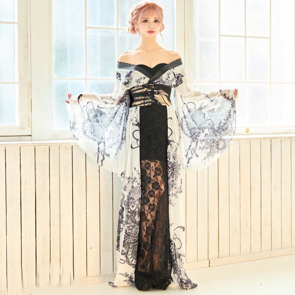 花魁 コスプレ ロング 仮装 コスプレ 和服 着物 花魁 ドレス 着物 コスプレ セクシー 巫女 コスプレ 和柄 シフォン×和柄コルセット風レースアップ花魁着物ロングドレス 帯取り外し不可【本日限定ポイント倍増中】