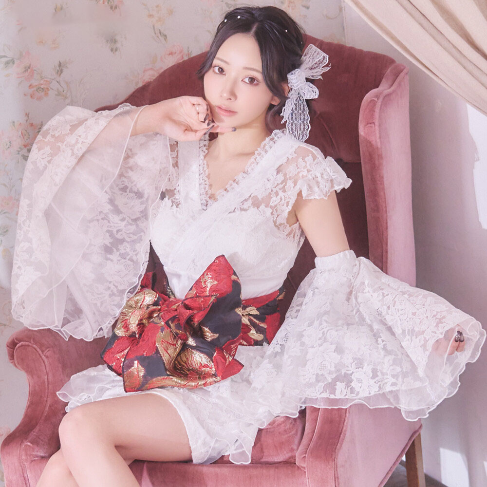 花魁 コスプレ ミニ ショート丈 仮装 コスプレ 和服 着物 花魁 ドレス 記者会見 入場 接待 芸能人 衣装 着物 コスプレ 忍者 くのいち ダンス衣装 よさこい 祭り衣装 花柄レース 3点セット オーガンジー ワンピースタイプ 着物ミニドレス