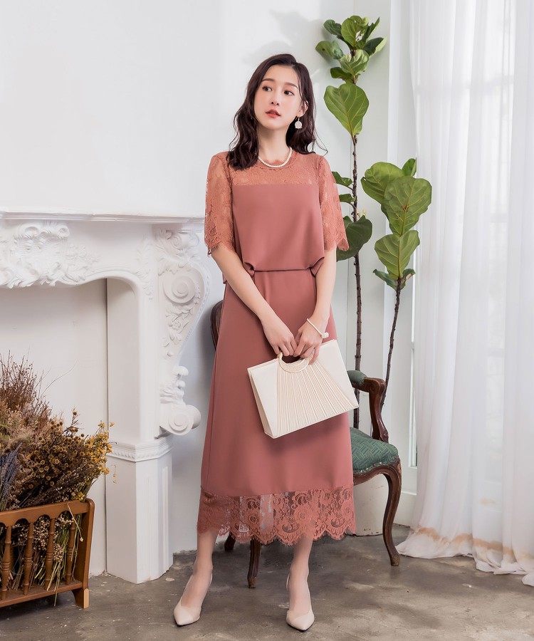 フェミニン キレイめ 発表会 2次会 謝恩会 パーティードレス通販dressstarパーティードレス ミモレ丈 ワンピース 送料無料 パーティ 半袖 50 Offクーポンで3995円 大きいサイズ レースワンピース レディース レース バックスリット ドレス 大きいサイズ レース