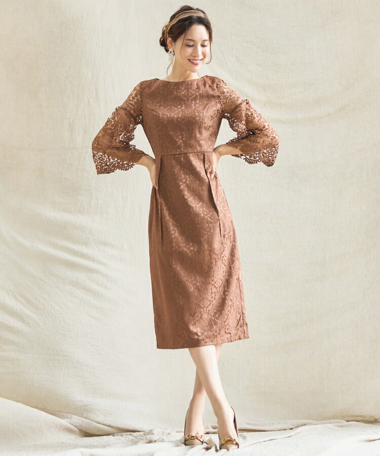 楽天市場 クーポン利用で4573円 パーティードレス 結婚式 ワンピース ミモレ丈 七分袖 大きいサイズ 体型カバー パーティー お呼ばれ ドレス ミモレ 膝下 レース シンプル きれいめ フォーマル ダマスク ママ 母 夏 秋冬 大人 可愛い お呼ばれドレス パーティー