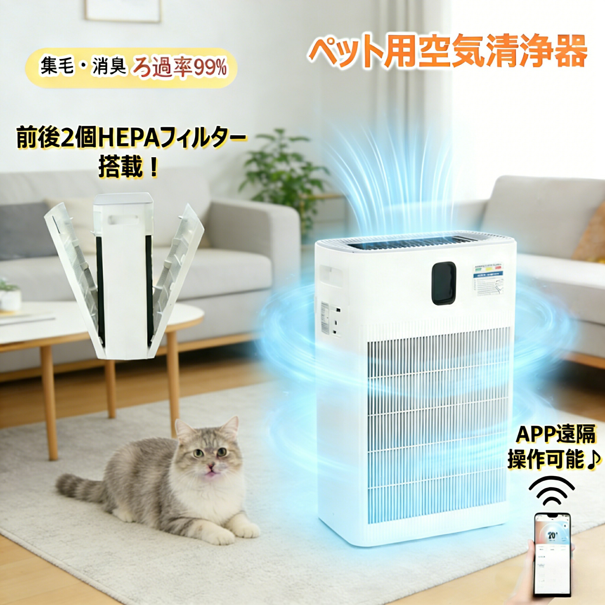 ★前後2つHEPAフィルター搭載・強力清浄！★空気清浄機 ペット向け アプリ操作可能 黄砂 花粉 ハイグレードモデル 強力浄化 コンパクト 交換不要プレフィルター ホコリ 光センサー 除菌 脱臭 アレルギー 静電HEPA 自動モード ペットモード 小型 誕生日 新年 プレゼント 8,960円