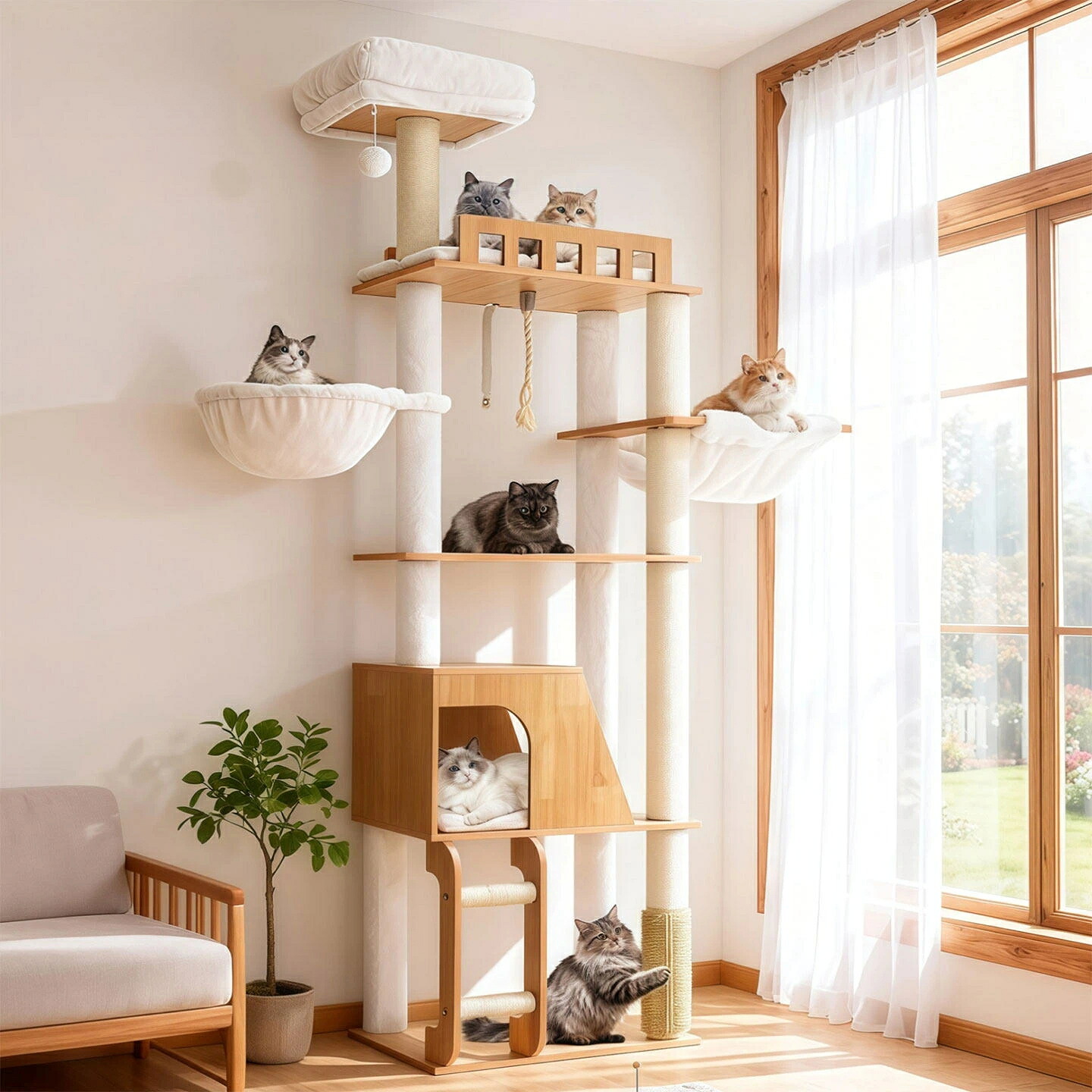 ＼期間限定2500円クーポン／キャットタワー 大型 猫用 爪とぎ付き 猫ハウス 猫ツリー 一体型 天然麻縄 無垢材 シンプル 北欧風 メインクーン対応 安定感 抜群｜dressystarstore