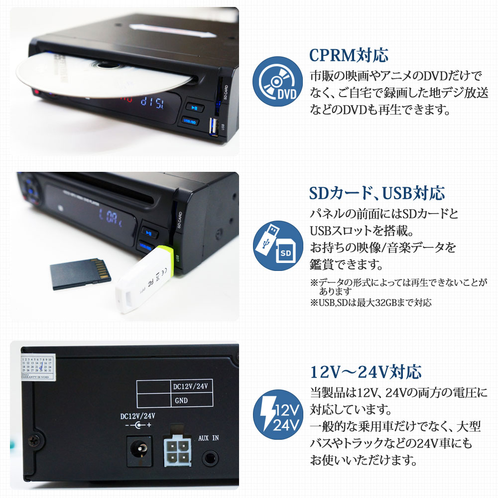 楽天市場 1din Dvdプレーヤー 車載用 12v 24v カーオーディオ Cprm対応 Usb Sd Dvd Cd Divx あす楽 送料無料 658d ドライブワールド