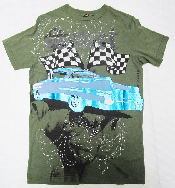 AF91)SMETストーン付デザインTシャツ半袖（MENSIIR3)　オリーブ☆US購入【送料無料】