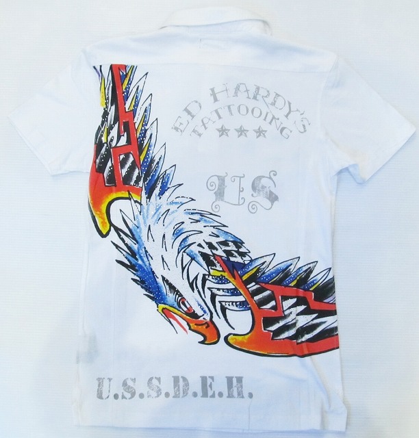 AG83)ED HARDYストーン付デザインポロシャツ半袖 白☆B系正規セレブUS購入【送料無料】