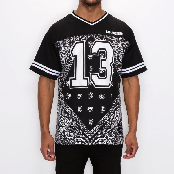 VICTORIOUS バンダナ柄 Vネックフットボールジャージシャツ/BLK/M/L/XL/2XL/3XL/大きいサイズ/USサイズ/BH41/キングサイズ/ウエッサイ/チカーノ★US購入B系HIPHOPLANY購入